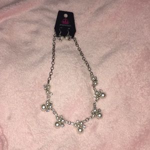 Silver Pearl & Clear Gem Earring & Necklace Set